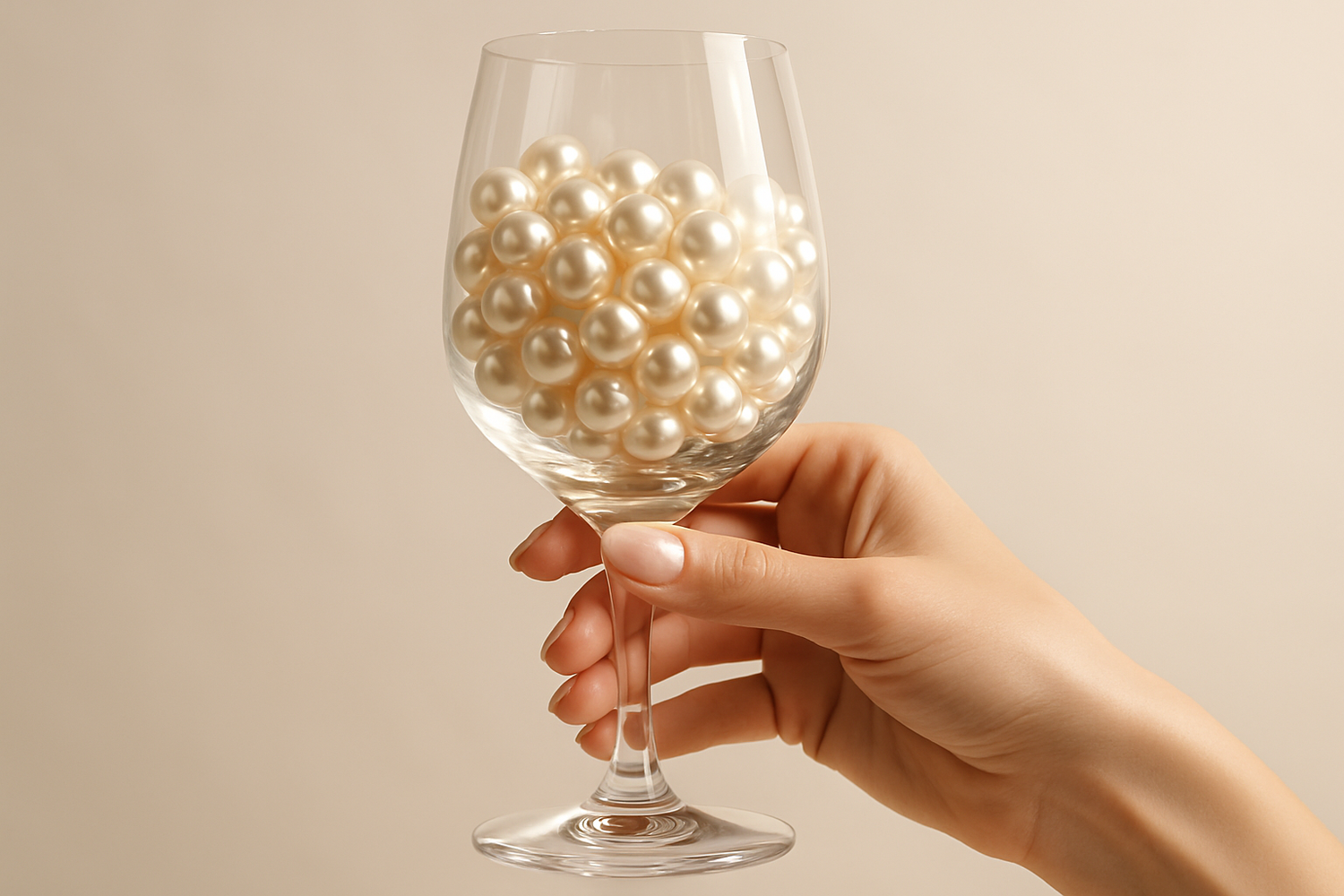 pärlor i en vinglas med en tjej hand som håller glaset